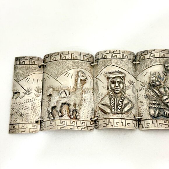 Vintage Peruvian Storyteller Panel Bracelet 900 Silver Signed - Picture 4 of 11